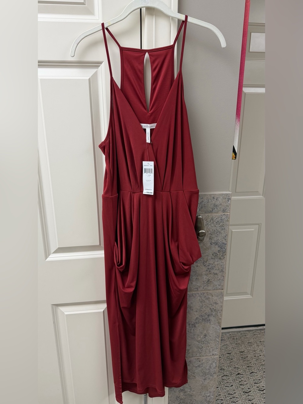 BCBGeneration Burgundy Sleeveless Midi Dress with Draped Pockets